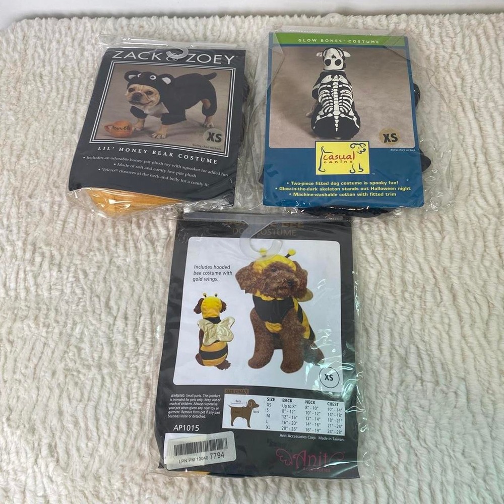 Three Pet Dog Costumes Size XS Skeleton, Honey Bear, Bee Dress Up New Halloween
